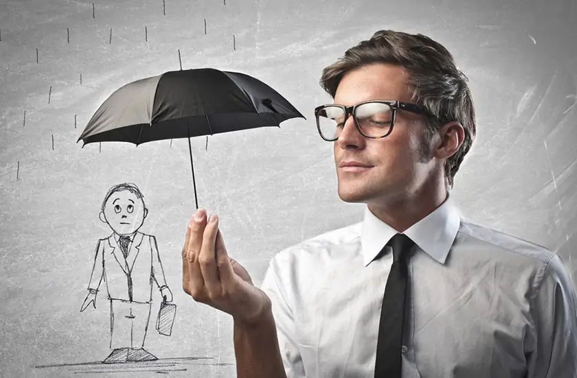Man holding an umbrella beside a sketched figure in the rain