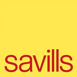 Red Savills wordmark on a yellow background