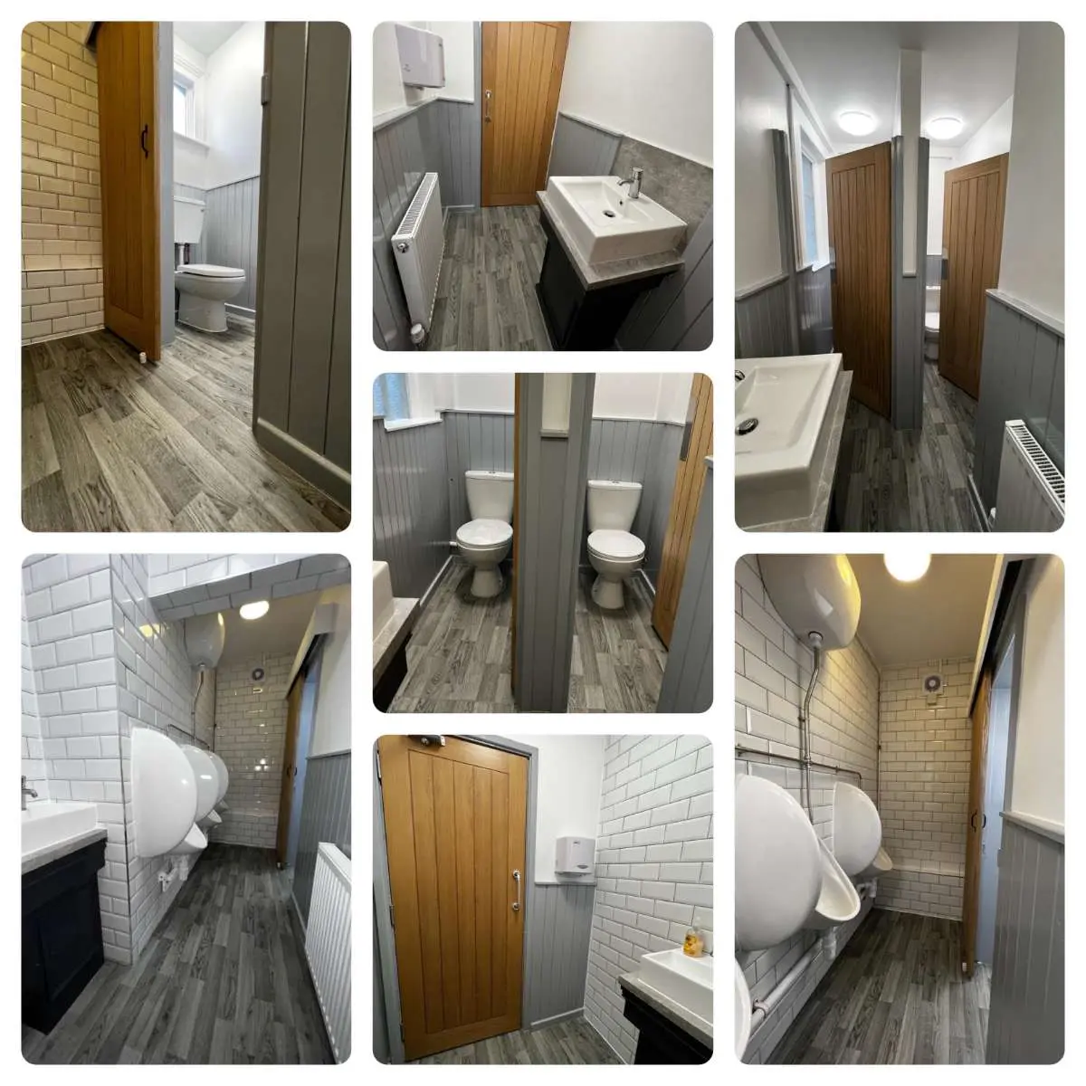 Collage of refurbished public toilets with new urinals, cubicles, sinks and tiled walls