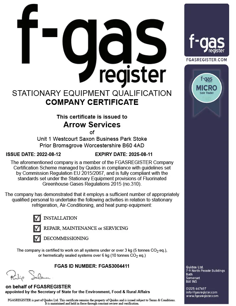 F-Gas Register company certificate for stationary refrigeration and air-conditioning equipment